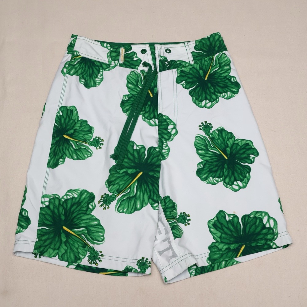 BKE WET Board Shorts Mens 28 White Green Hibiscus Floral Y2K Surf Swim Trunks
